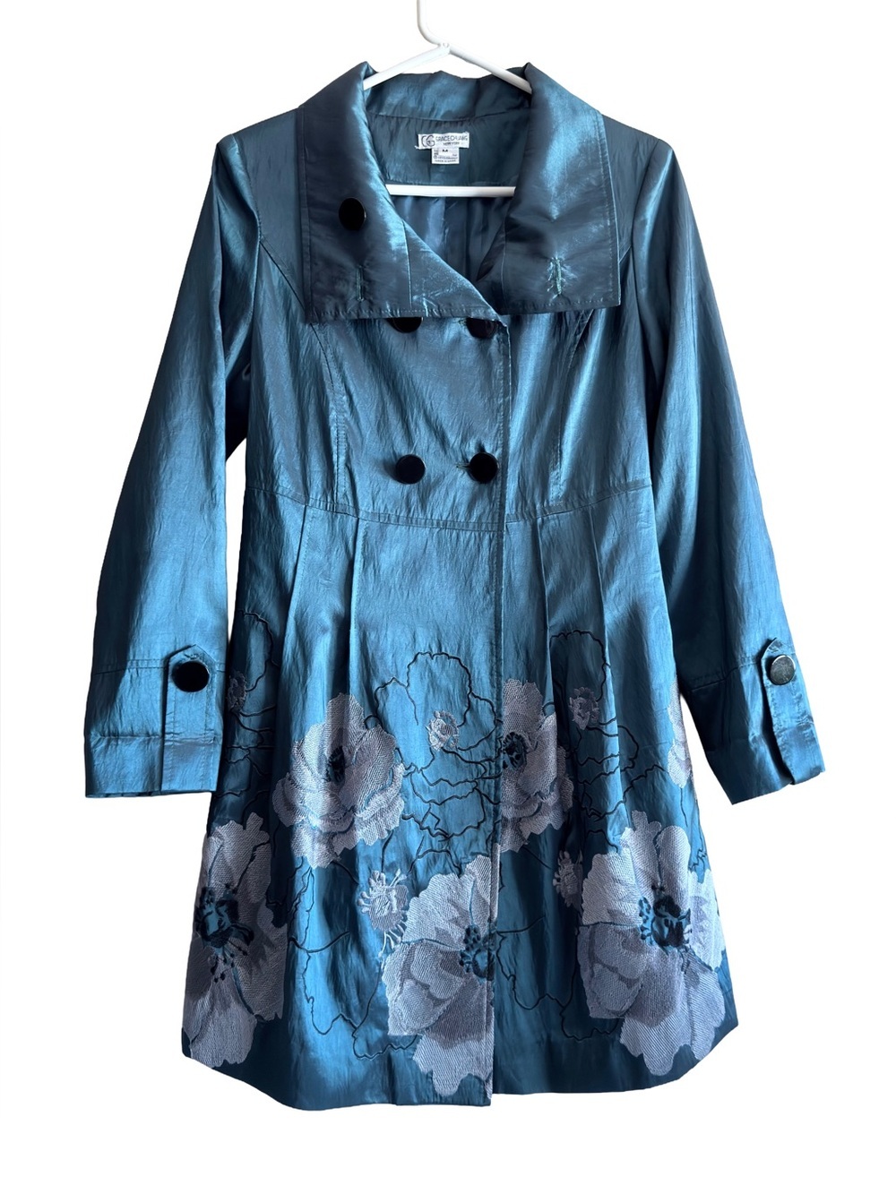 Grace Chuang New York Coat Teal Iridescent Floral Embroidered Women’s M